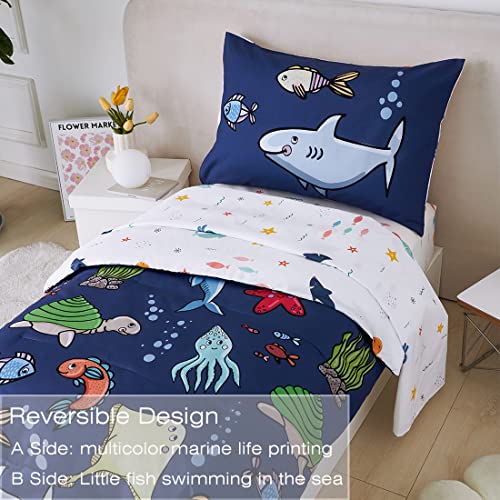 Image of PERFEMET 4 Pieces Twin Bed in A Bag Navy Blue Ocean Animal Themed Kids Comforter Set for Boys Girls Soft Reversible Marine Life Bed Set with Kids Sheets(Navy Blue, Sharks /Dolphins /Fish)