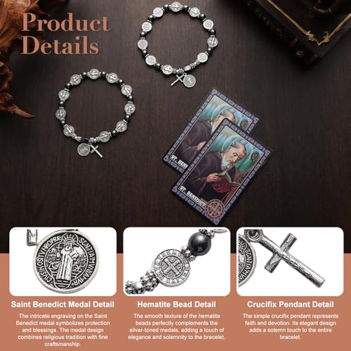 2 Pcs St Benedict Bracelets with Saint Benedict Medals and Crucifix,Catholic Rosary Bracelet with Prayer Card for Women Men Gift,Medalla De San Benito Rosary Jewelry3