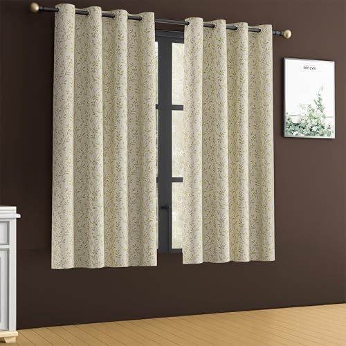 Image of Yellow Weaves 1 Pc Jacquard Leaf Eyelet Window Curtain - Perfect for Home, Office, Bedroom, Living Room & Balcony - 5 Feet (Golden)