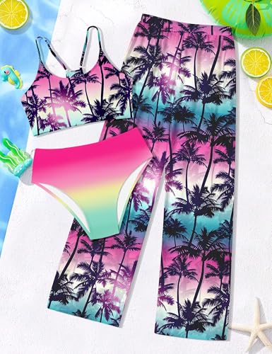 Image of NECIOUS Girls Swimsuit, 3 Piece Bikini Bathing Suit Tropical Floral Swimwear with Cover Up Pants 7-16Y