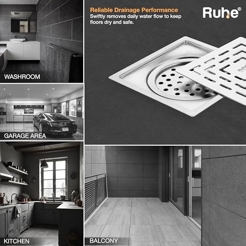 Image of Ruhe Sapphire Square Flat Cut Floor Drain | 304-Grade Stainless Steel with Cockroach Trap (6 x 6 Inches) | Floor Drainer for Bathroom, Balcony