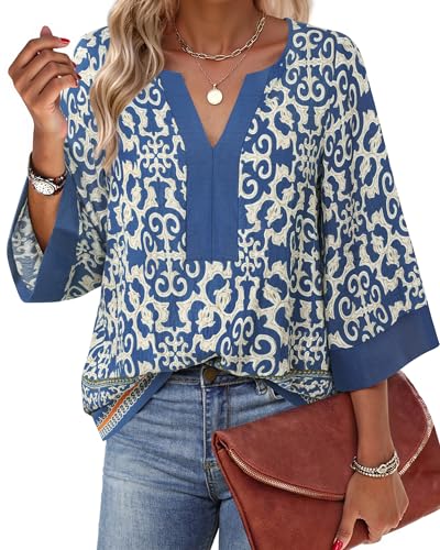 Bebonnie Women Blouses Dressy Casual 3/4 Sleeve V Neck Floral Loose Fit Tunic Tops