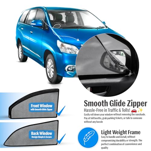 Image of Autofact Magnetic Car Sunshades Compatible with Toyota Innova Old (2004 to 2015) (Set of 4) - Easy Installation, UV Protection, Keeps Car Cool (Front 2 with Zippers, Rear 2 Without Zippers)