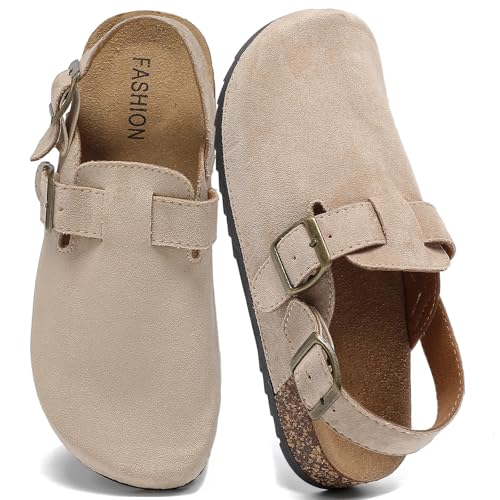 Image of Women's Suede Clogs with Back Strap Men's Cork Footbed Leather Mules Clogs for Women Comfort Memory Foam Slingback Clog Sandals with Adjustable Buckle Slip on Potato Shoes