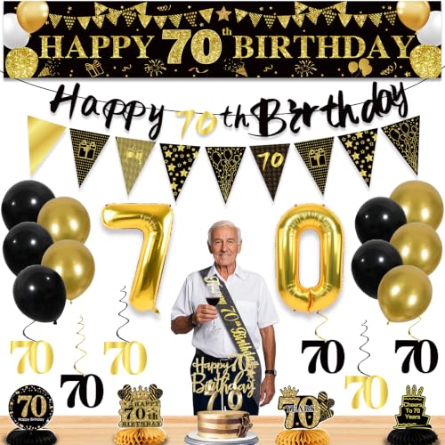 Image of 70th Birthday Decorations for Men, Black Gold 70th Party Decoration Kits