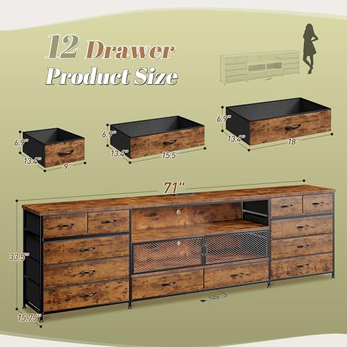 Image of EnHomee 71 inch Long TV Stand for 85 /80 /75 inch TVs with LED,Power Strip,12 Drawers | Rustic Brown Entertainment Center with Open Wooden Shelf, Spacious Storage,Sturdy Metal Frame for Bedroom Living Room