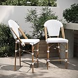 BizChair Set of 2 Stackable Indoor/Outdoor Bistro 26' High Counter Height Stools, Commercial Grade, White/Gray and Bamboo Finish