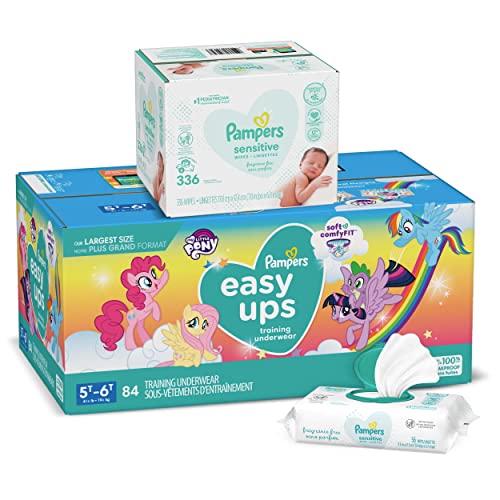 Pampers Easy Ups and Baby Wipes - Pull On Disposable Potty Training Underwear for Girls and Boys, Size 7 (5T-6T), 84 Count, ONE Month Supply with Sensitive Wipes, 6X Pop-Top Packs, 336 Count