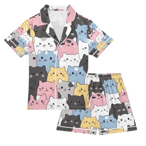 senya Cats Head Colorful Satin Summer Pajama Sets Silk Short Sleeve Button Down Sleepwear