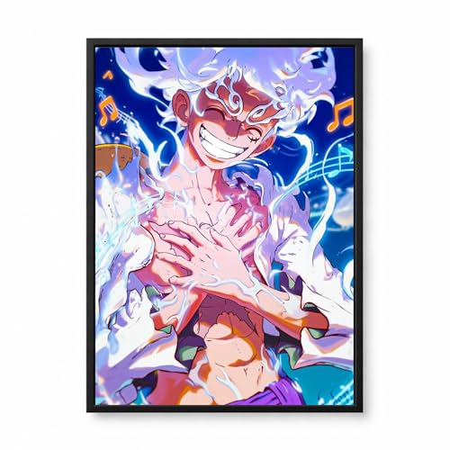Image of Aniculture Framed Anime Poster, 8x12 Inch, Black Synthetic Wood Frame, Gloss Lamination, 300 GSM Ultra HD Print, Shatter-Resistant, for Home and Gaming Room Decor (Luffy Nika)