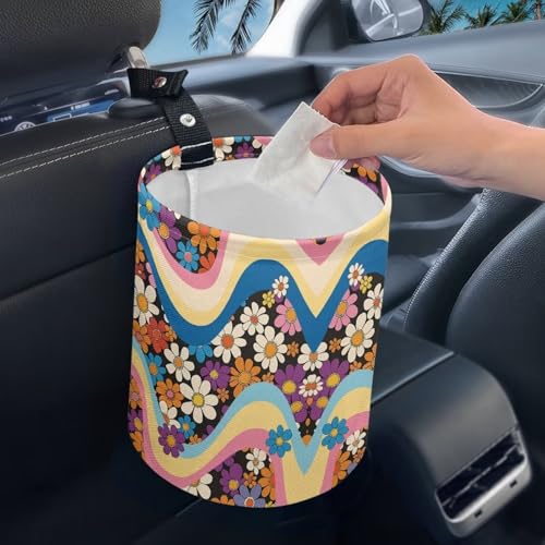 Image of Groovy Hippie Flower Print Car Trash Can Collapsible Portable Car Garbage Bin Multipurpose for Car Front Seat, Back Seat, Floor, Headrest Rubbish Bin Universal Fit for Car SUV Trucks