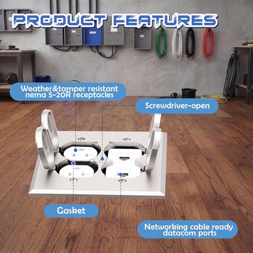 Image of Recessed Floor Outlet Box, UL Listed Nickel Plated Brass Low Profile Hidden Weather Flip-up Floor Outlet, 2-Gang 20A Tamper Resistant Receptacles for Living Room, Home Office, Conference Room