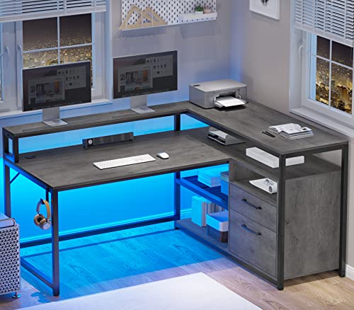 Image of SEDETA L Shaped Gaming Desk, 59 inch Home Office Desk with Drawers, Gaming Desk with LED Lights, Corner Desk with Headphone Hook and Monitor Shelf, Grey