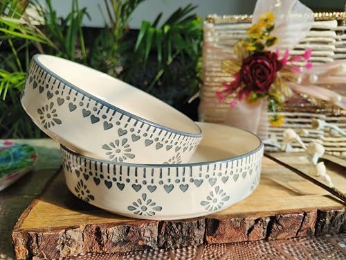 Image of Niyara Stoneware Handmade Ceramic Stylish Premium Serving Bowls /Salad Tray Microwave Dishwasher Safe (Grey jhalar Set of 3)