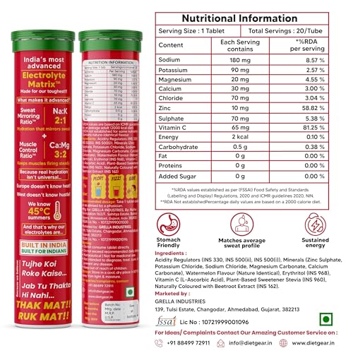 Image of DIET GEAR 0 Sugar, 0 Caffeine Electrolyte Drink Mix | Watermelon | 5L /20 Glasses of 7 Clean Electrolytes | Instant Daily Hydration for Gym, Heat & Hustle | No BS: No Maltodextrin, No Sucralose, No Artificial Sweeteners | Made in India