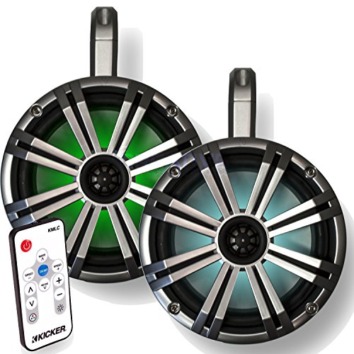 Image of KICKER Marine 8 inch LED Tower System - White Enclosures W /Silver Speakers. Includes KMLC Light Controller.