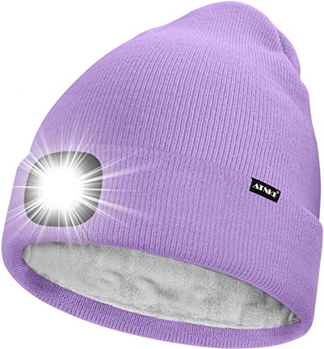 ATNKE LED Lighted Beanie Hat,USB Rechargeable 4 LED Running Headlamp Ultra Bright Cap with Light Hands Free Head Torch Winter Warm Lined Fleece Knit Beany Gifts for Men and Women/Taro Purple