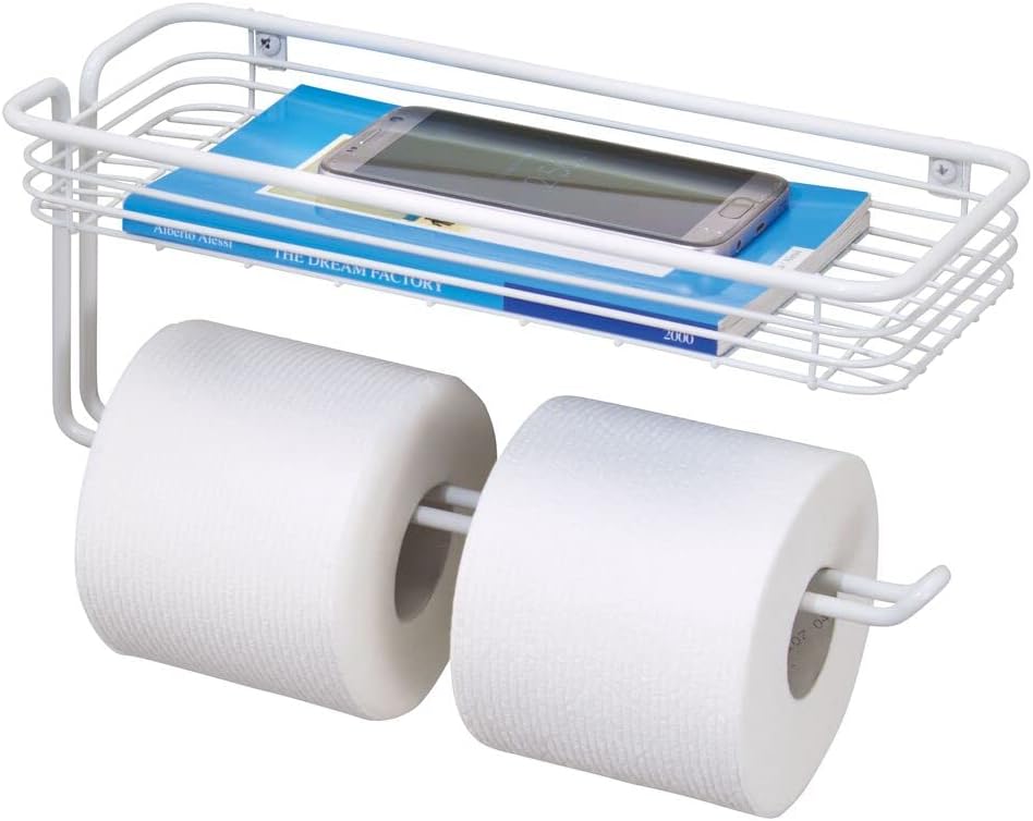mDesign Toilet Tissue Paper Holder and Multi-Purpose Shelf - Wall Mount Storage Organizer for Bathroom, Holds 2 Rolls - Durable Metal Wire Design - White
