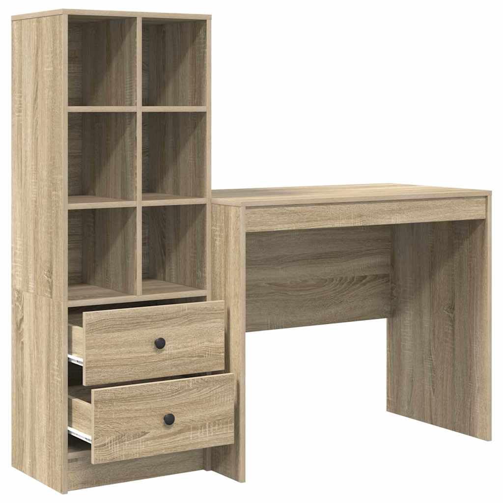 Scrivania con cassetti in rovere Sonoma, 135,5 x 50 x 127 cm, set da 2 pezzi, grande tavolo da ufficio, scrivania per computer, versatile, per ufficio e gioco, con spazio di archiviazione e superficie