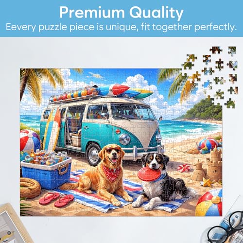Rompecabezas de 500 piezas para adultos, escena playera con perro y auto, rompecabezas relajante de vacaciones con cachorros, actividad familiar ideal como regalo miniatura 5
