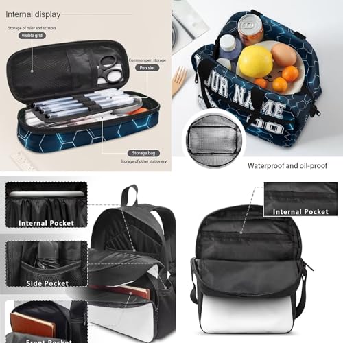 4Pcs Baseball Sport Personalized Customized Name Kids Backpack For Girls, Blue Hexagon Pattern Student School Backpack With Lunch Bag Pen Bag Set2