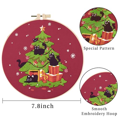 Image of LB Christmas Embroidery Kit for Beginners Adults, 3 Sets Hand Embroidery Starter Kit with Black Cat Pattern and Instructions Stamped Cross Stitch Kits Include Embroidery Hoop Needles Threads Scissors
