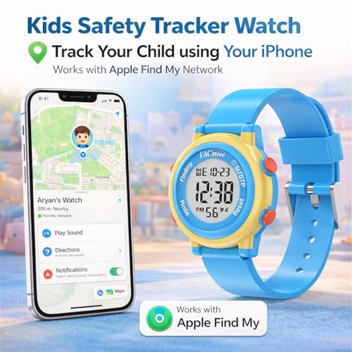 Image of BAWY Kids Tracking Watch Compatible with Apple Find My | Digital Watch with Tag for Kids, Tracking Tag Bluetooth GPS 30M Outdoor Range No Sim Needed | Anti-Lost Alert, Alarm, Waterproof Watch (Blue).