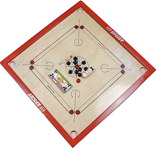 Carrom - Original India - 59 x 59 cm - Inkl. Steinen Puder Striker - Komplett Farbe Rot - verstärktes hinteres - Netz in den Ecken - Komplett und Perfekt Cover