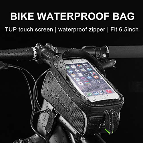 ROCKBROS Bike Frame Bag Water Resistant Bicycle Front Top Tube Bag Screen Touch Fits Phones for 6.5" Below (Upgrade Black)