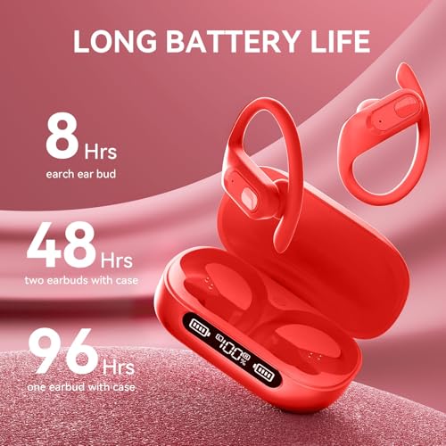 Image of occiam Wireless Earbuds Bluetooth Headphones Ear Buds 96Hrs Playback Sport Over-Ear Waterproof Wireless Headphones Earphones with Earhooks ENC Mics Clear Call for Sport Running Workout (Red)