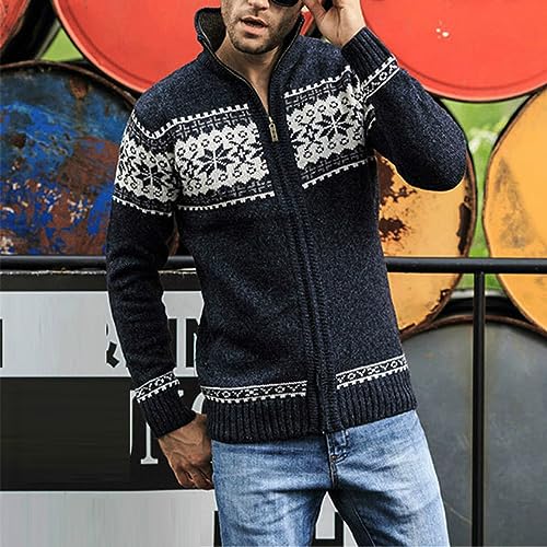 Winter Men's Jacquard Sweater Coat Print Knitted Cardigan Turtleneck Full Zip Casual Warm Wool Sweater4