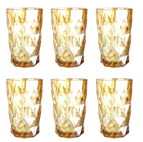 Lot de 6 verres à vin et à boire vintage colorés avec motif diamant (Rombus), verres à cocktail avec gaufrage, verre doré brillant