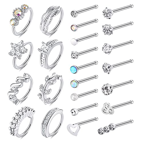 Longbeauty 24Pcs 20G Nose Ring Hoop Paved Cz Leaf Cartilage Earring For Women Stainless Steel Nose Studs Ear Piercings #TOP17