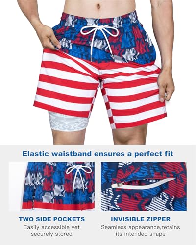 Image of SURF CUZ Mens Swim Trunks with Compression Liner Swim Shorts 7 inch Swimming Trunks Stretch 7 Inch Swim Suits Quick Dry