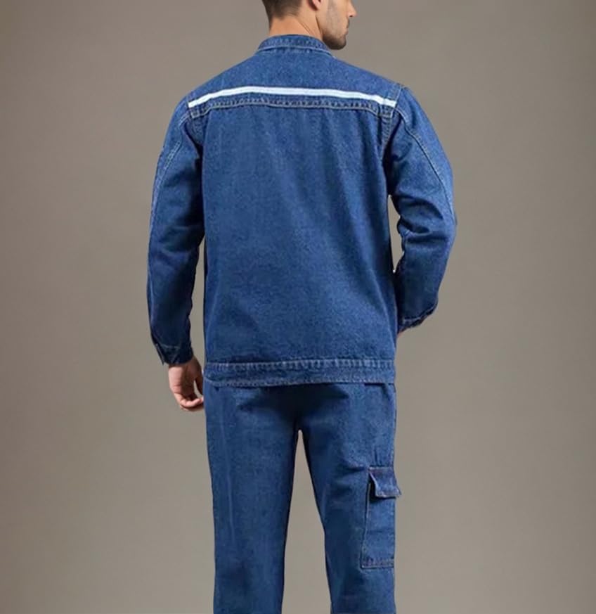 Mens Trucker Denim Suit Distressed Fold Neck Jackets and Jean Pants Fall Button Down Biker Outfits with Pockets4