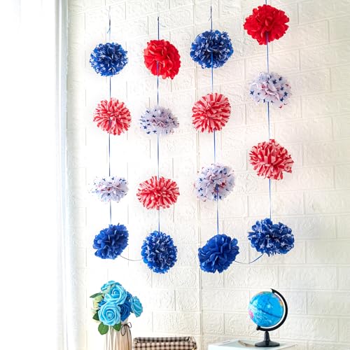 Image of Homarkable Red White and Blue Tissue Paper Pom Pom Garlands, Patriotic Decorations, Paper Pompom Decors for Memorial Day, Fourth of July Independence Day Supplies Party Decor