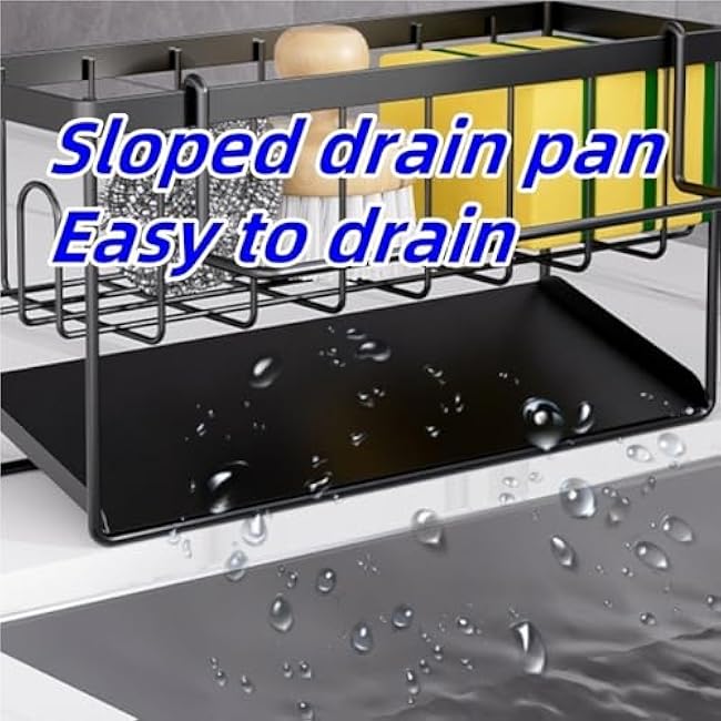 Sink Rack, Kitchen Drain Rack, Metal Sponge Holder, Storage Rack with Removable Hanging Rod, Minimalist Organizer for Kitchen Countertop, Sink Side(Black)
