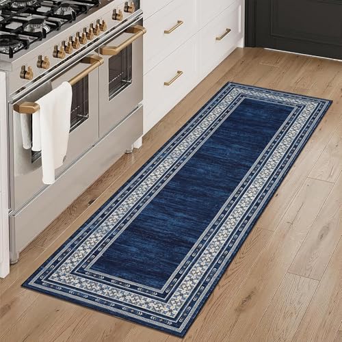 GlowSol Washable Runner Rug 2x6 Rug Modern Bordered Rug Non Slip Kitchen Rugs Runner Soft Bathroom Rug Runner Non-Shedding Carpet Runner for Bedroom Entryway Laundry Room,Navy