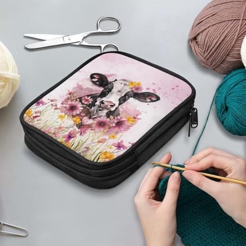 Image of Cow Crochet Hook Case Lightweight Flower Crochet Organizers and Storage Soft for Travel Outdoors Home Easy to Carry
