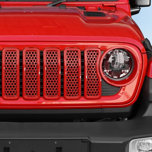 Image of 9PCS Headlight Cover & Front Grill Mesh Inserts Compatible with Jeep Wrangler JL JLU 2024-2025, NOT FIT JL Sport /Sport S (Red)