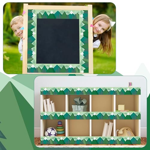 Image of BeYumi Moving Mountains Border Trim - 65ft Back to School Green Moving Mountains Straight Rolled Border Trim Woods Pine Trees Bulletin Board Borders Classroom Office Chalkboard Decor Party Decoration