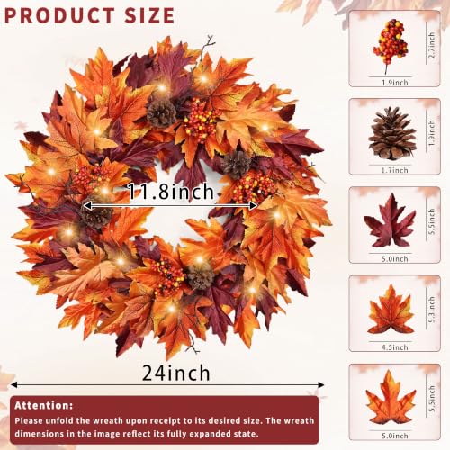Image of Ghrdopy 24in Fall Wreath for Front Door with 20 Lights & Timer | Pre-Lit Wreath with Maple Leaves, Berries & Pinecones, for Indoor Outdoor Wall Porch Thanksgiving, Halloween home Decor