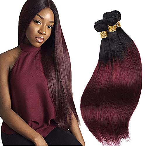AuokMar 16 18 20 Inch 1b/99j Burgundy Hair bundles Ombre Human Hair Bundles Straight brazilian hair bundles Ombre Two Tone 3 Bundles Unprocessed Virgin Hair Extensions