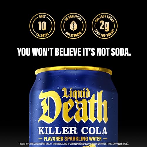 Image of Liquid Death Soda-Flavored Sparkling Water - Killer Cola, Less Sugar*, Huge Flavor, No Caffeine, No Artificial Sweeteners, 12 Fl Oz (Pack of 12)