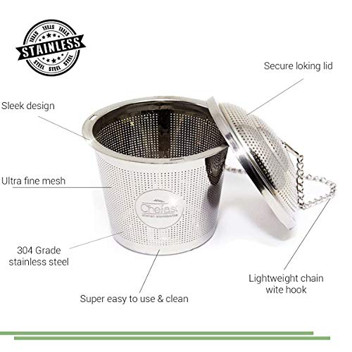 Chefast Tea Infuser Set (1+1 Pack) - Combo Kit of Single Cup and Large Infusers, Plus Metal Scoop with Clip - Reusable Stainless Steel Strainers and Steeper for Loose Leaf Teas