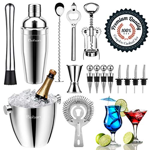 Baban Cocktail Set avec Shaker 17 Pièces en Acier Inoxidable Cocktail de Barman - Kit Shaker Cocktails Professionnel Avec Récipient de 1,5 l en Acier Inoxydable - pour Homme ou pour Couple