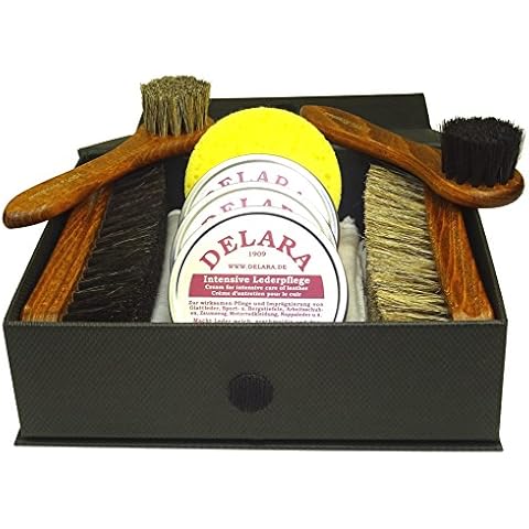 Delara Exclusive 9-piece shoe cleaning set in black box with gold lettering Cover