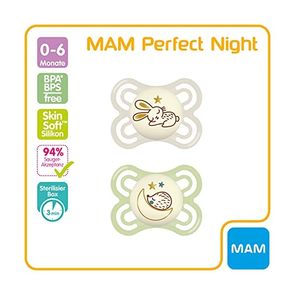 MAM Perfect Night Schnuller, beugt Zahnfehlstellungen vor, besonders dünner & flexibler Silikonschnuller, leuchtet im… – Bild 4