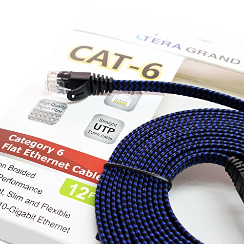 Tera Grand - 12 Ft Cat6 10 Gigabit Ethernet Ultra Flat Braided Network Cable, Black/Blue, Computer Internet Lan Cable With Snagless Rj45 Connectors (12 Feet) #TOP7