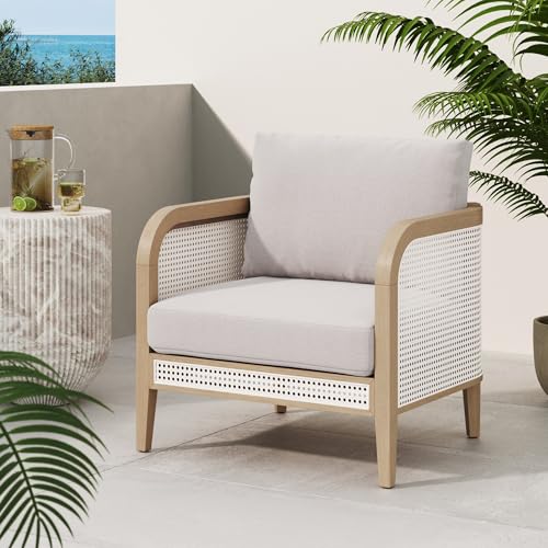 Nathan James Twila Boho Rattan Chair, Outdoor Lounge Chair, Cushioned Patio Chairs with Rattan Arms, Solid Wood Frame, Gray Linen